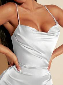 SHEIN SXY Draped Collar Split Hem Satin Cami Dress - White - View 5