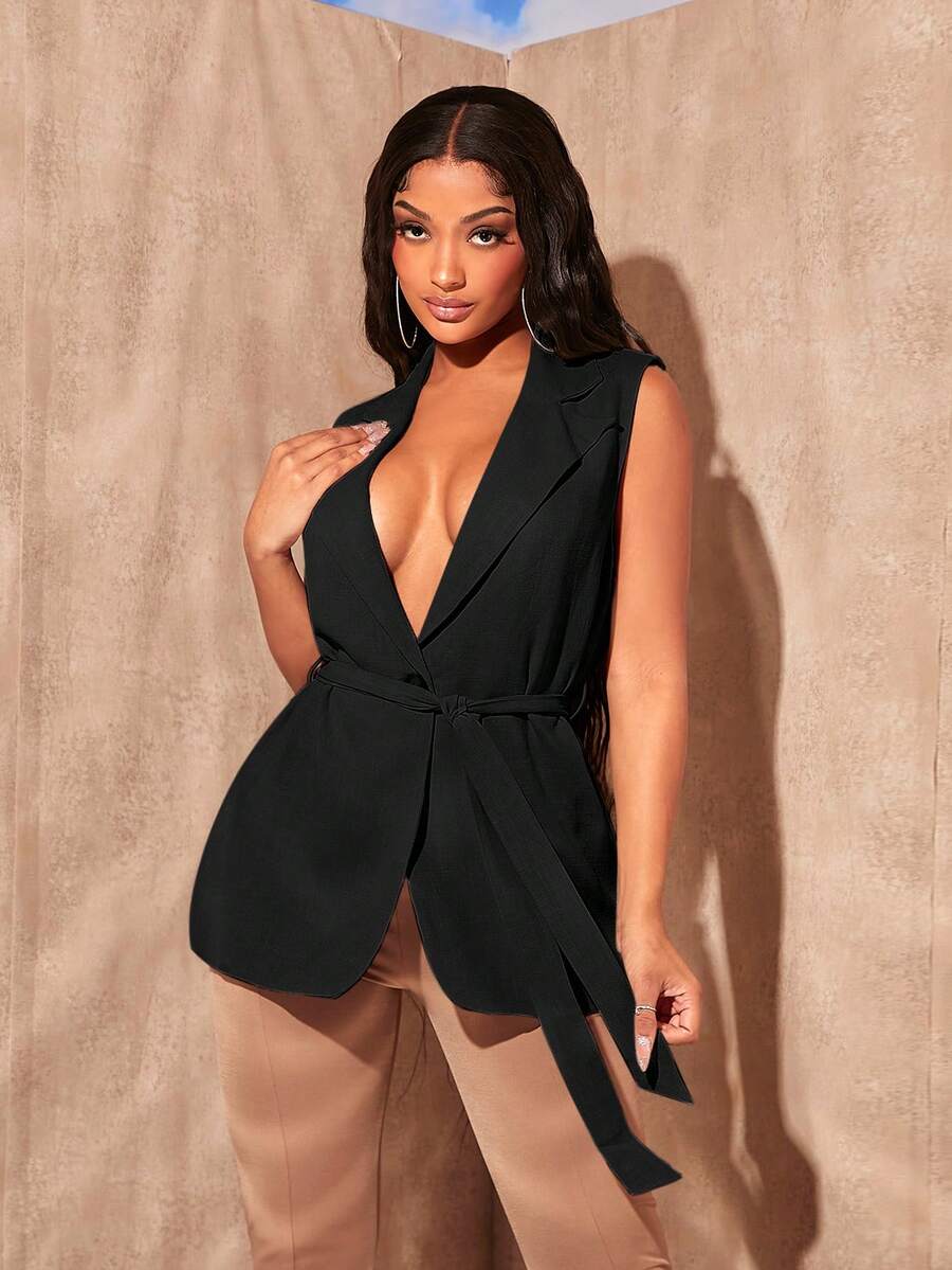 SHEIN SXY Lapel Neck Belted Vest Blazer - Black - View 1