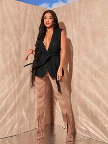 SHEIN SXY Lapel Neck Belted Vest Blazer - Black - View 5