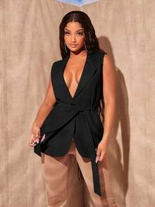 SHEIN SXY Lapel Neck Belted Vest Blazer - Black - View 6