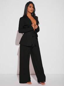 SHEIN SXY Solid Belted Blazer & Wide Leg Pants - Black - View 1