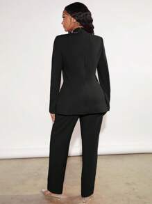 SHEIN SXY Solid Plunge Neck Blazer & Trousers - Black - View 2