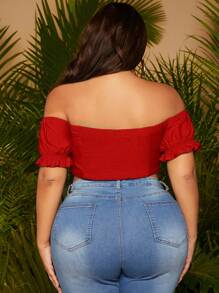 SHEIN SXY 大碼一字肩褶邊緊身上衣短款襯衫