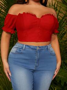 SHEIN SXY 大碼一字肩褶邊緊身上衣短款襯衫