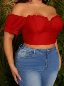 SHEIN SXY 大碼一字肩褶邊緊身上衣短款襯衫