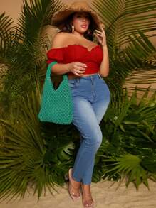 SHEIN SXY 大碼一字肩褶邊緊身上衣短款襯衫