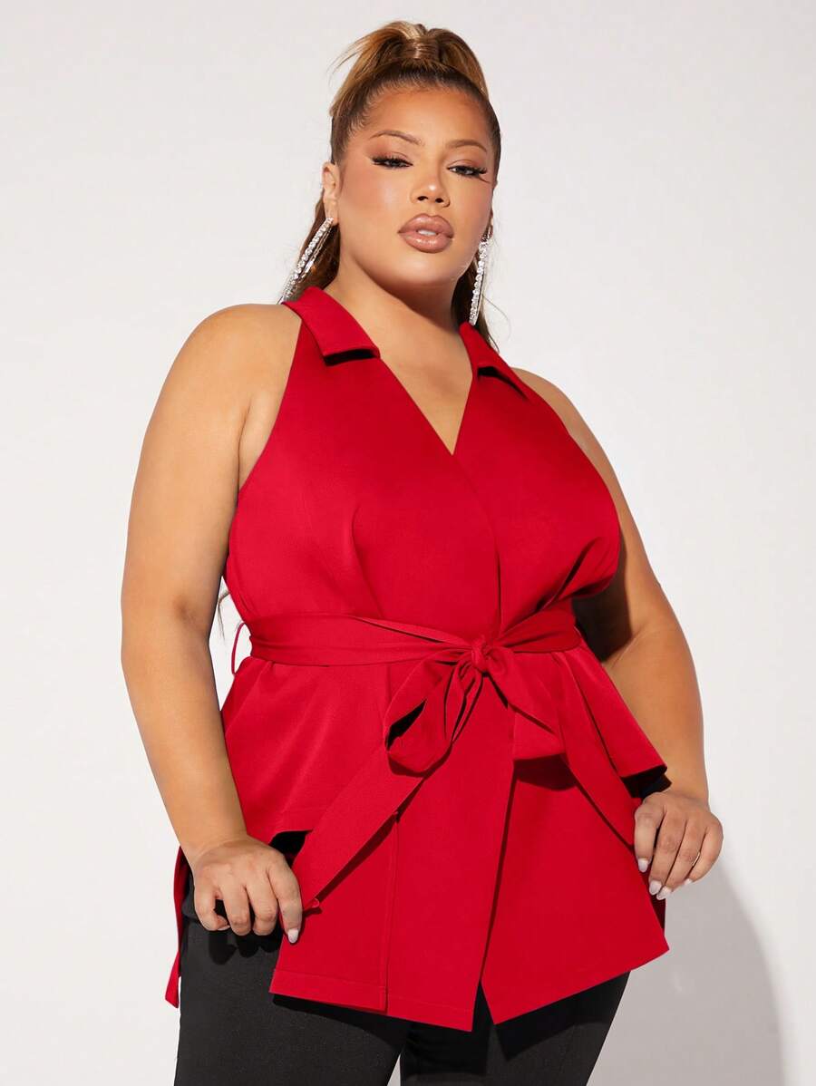 SHEIN SXY Plus Solid Belted Vest Coat - Red - View 1