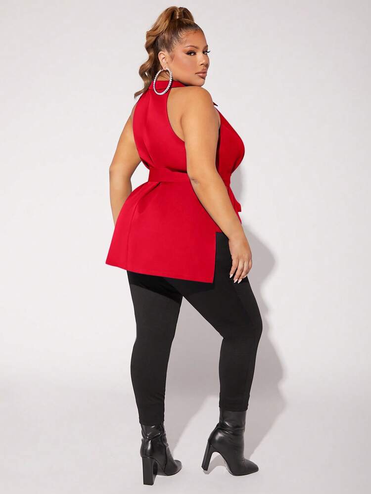 Plus Solid Belted Vest Coat