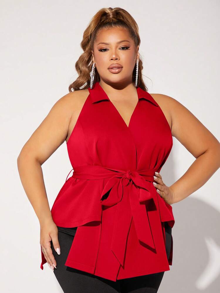 Plus Solid Belted Vest Coat