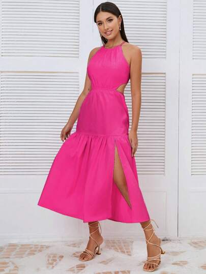 SHEIN Privé 後背繫帶高衩荷葉邊洋裝