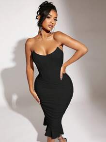 SHEIN SXY 褶饰荷叶边下摆网眼管紧身秋装连衣裙