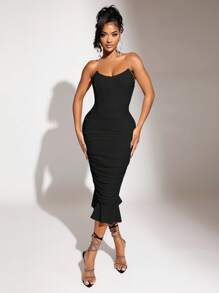 SHEIN SXY 褶饰荷叶边下摆网眼管紧身秋装连衣裙