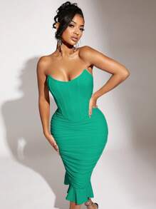 SHEIN SXY 褶邊荷葉邊抹胸緊身連衣裙 - 綠色 - 查看 1