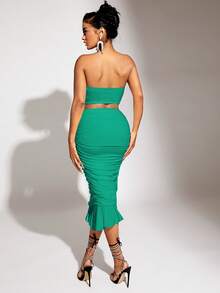 SHEIN SXY 褶邊荷葉邊抹胸緊身連衣裙 - 綠色 - 查看 2