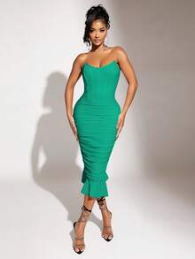 SHEIN SXY 褶邊荷葉邊抹胸緊身連衣裙 - 綠色 - 查看 3