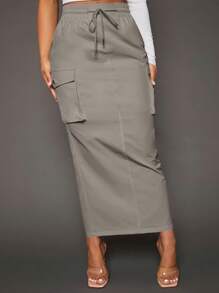 SHEIN SXY Flap Pocket Side Drawstring Waist Cargo Skirt - Grey - View 1