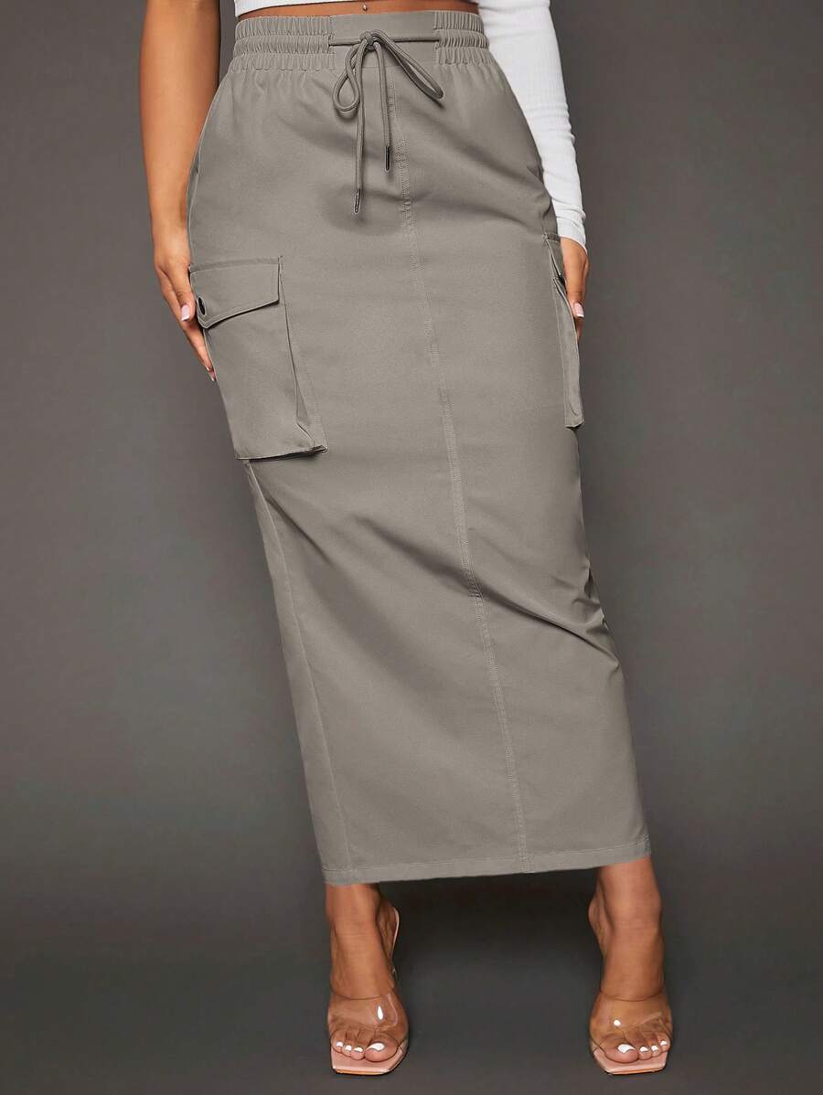 SHEIN SXY Flap Pocket Side Drawstring Waist Cargo Skirt - Grey - View 1