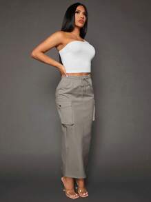SHEIN SXY Flap Pocket Side Drawstring Waist Cargo Skirt - Grey - View 3