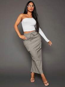 SHEIN SXY Flap Pocket Side Drawstring Waist Cargo Skirt - Grey - View 4