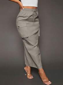 SHEIN SXY Flap Pocket Side Drawstring Waist Cargo Skirt - Grey - View 6