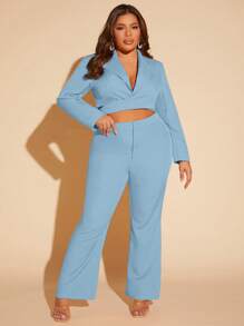 SHEIN SXY Plus Lapel Neck Crop Blazer & Flare Leg Pants - Baby Blue - View 1