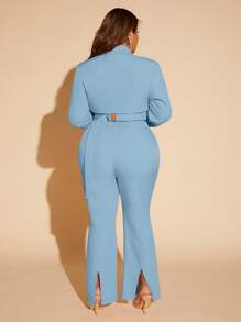 SHEIN SXY Plus Lapel Neck Crop Blazer & Flare Leg Pants - Baby Blue - View 2