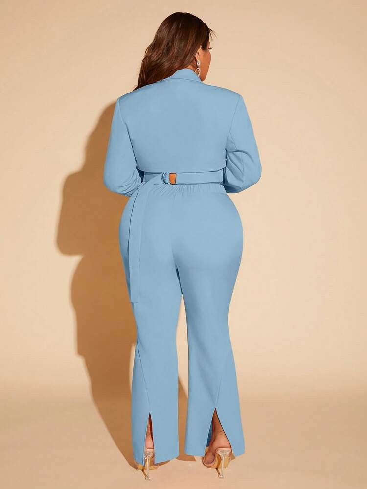 Plus Lapel Neck Crop Blazer & Flare Leg Pants