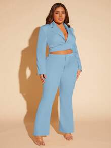 SHEIN SXY Plus Lapel Neck Crop Blazer & Flare Leg Pants - Baby Blue - View 3