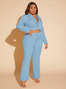SHEIN SXY Plus Lapel Neck Crop Blazer & Flare Leg Pants - Baby Blue - View 4