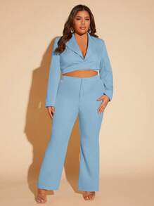 SHEIN SXY Plus Lapel Neck Crop Blazer & Flare Leg Pants - Baby Blue - View 5