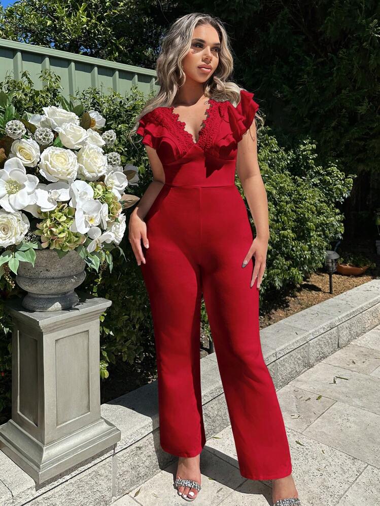 SHEIN SXY Ruffle Trim Flare Leg Jumpsuit | SHEIN USA