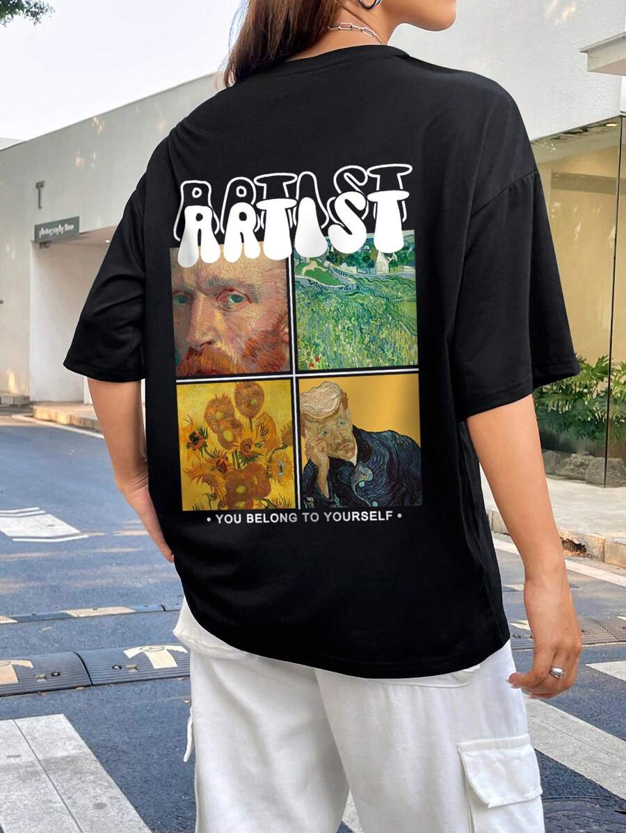 INAWLY 標語&圖案落肩T恤 - 黑色 - 查看 1