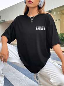 INAWLY 標語&圖案落肩T恤 - 黑色 - 查看 2