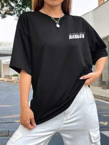 INAWLY 標語&圖案落肩T恤 - 黑色 - 查看 4