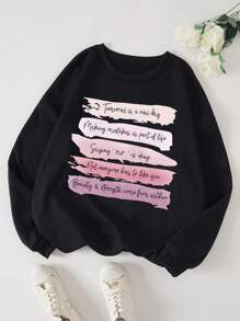 SHEIN EZwear 大碼標語圖案加絨內裏運動衫 - 黑色 - 查看 1