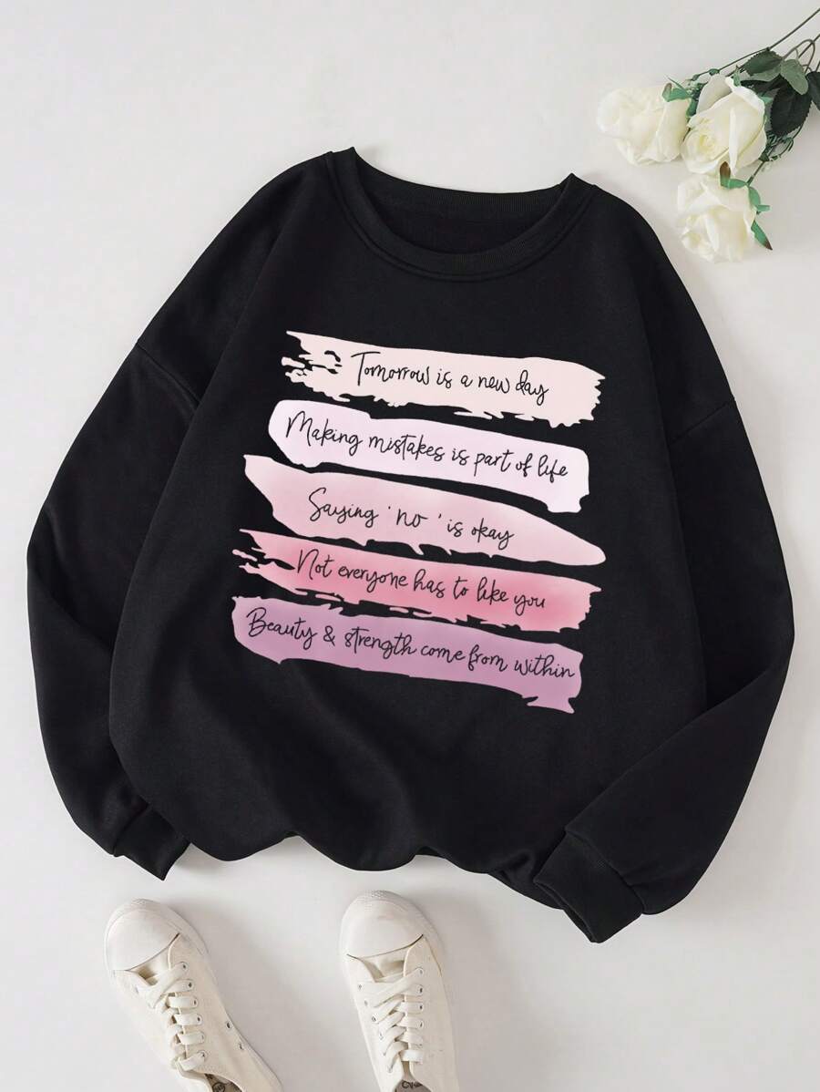 SHEIN EZwear 大碼標語圖案加絨內裏運動衫 - 黑色 - 查看 1