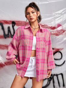 SHEIN EZwear 格紋印花落肩袖襯衫 - 彩色 - 查看 4