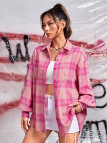 SHEIN EZwear 格紋印花落肩袖襯衫 - 彩色 - 查看 5