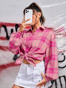 SHEIN EZwear 格紋印花落肩袖襯衫 - 彩色 - 查看 6