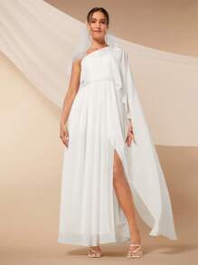 SHEIN Belle 單肩高衩雪紡婚紗洋裝不附面紗 - 白色 - 查看 3