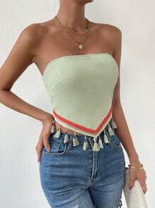 SHEIN VCAY Chất rắn Ca-vát Backless Trang chí tua cờ Ống ngọn - Màu xanh Bạc hà - Xem 1