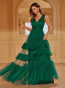 Faeriesty Ruffle Hem Mesh Maxi Dress - Dark Green - View 1