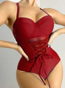SHEIN Swim Phụ nữ một mảnh Hội Chữ thập Ren lên màu trơn - Màu Đỏ Sâu - Xem 1