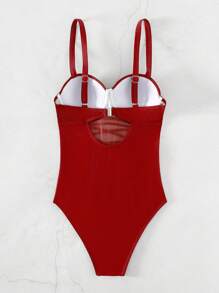SHEIN Swim Phụ nữ một mảnh Hội Chữ thập Ren lên màu trơn - Màu Đỏ Sâu - Xem 2