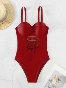 SHEIN Swim Phụ nữ một mảnh Hội Chữ thập Ren lên màu trơn - Màu Đỏ Sâu - Xem 4