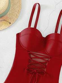 SHEIN Swim Phụ nữ một mảnh Hội Chữ thập Ren lên màu trơn - Màu Đỏ Sâu - Xem 5
