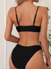 màu trơn Cổ không đối xứng Bộ đồ bơi Bikini - màu đen - Xem 2