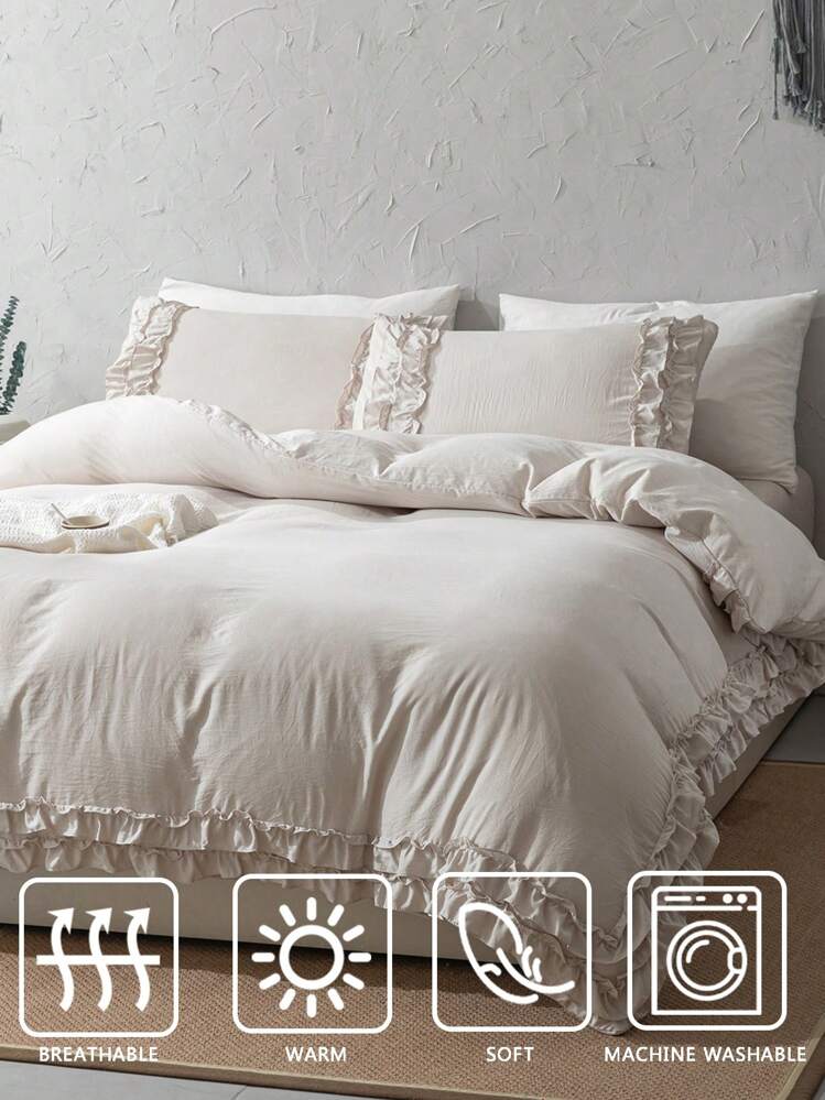 Cream-Colored Ruched Duvet Cover Set, Queen Size, Vintage Ruched Bedding Set, Soft & Easy Care, Bohemian Style Duvet Cover With Zipper Closure, Suitable For Students - Beige - View 8