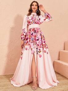 印花燈籠袖高衩連衣裙