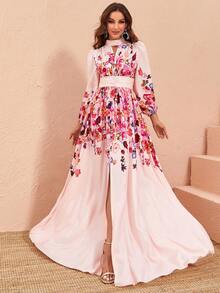 印花燈籠袖高衩連衣裙